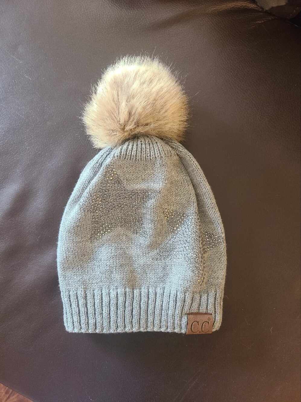 CC Exclusives Gray Knit Beanie with Faux Fur Pom and Star Accents